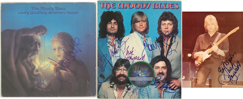 Lot of (3) The Moody Blues Band Signed Collection of Album Cover, Tour Program & Photo (Beckett PreCert)